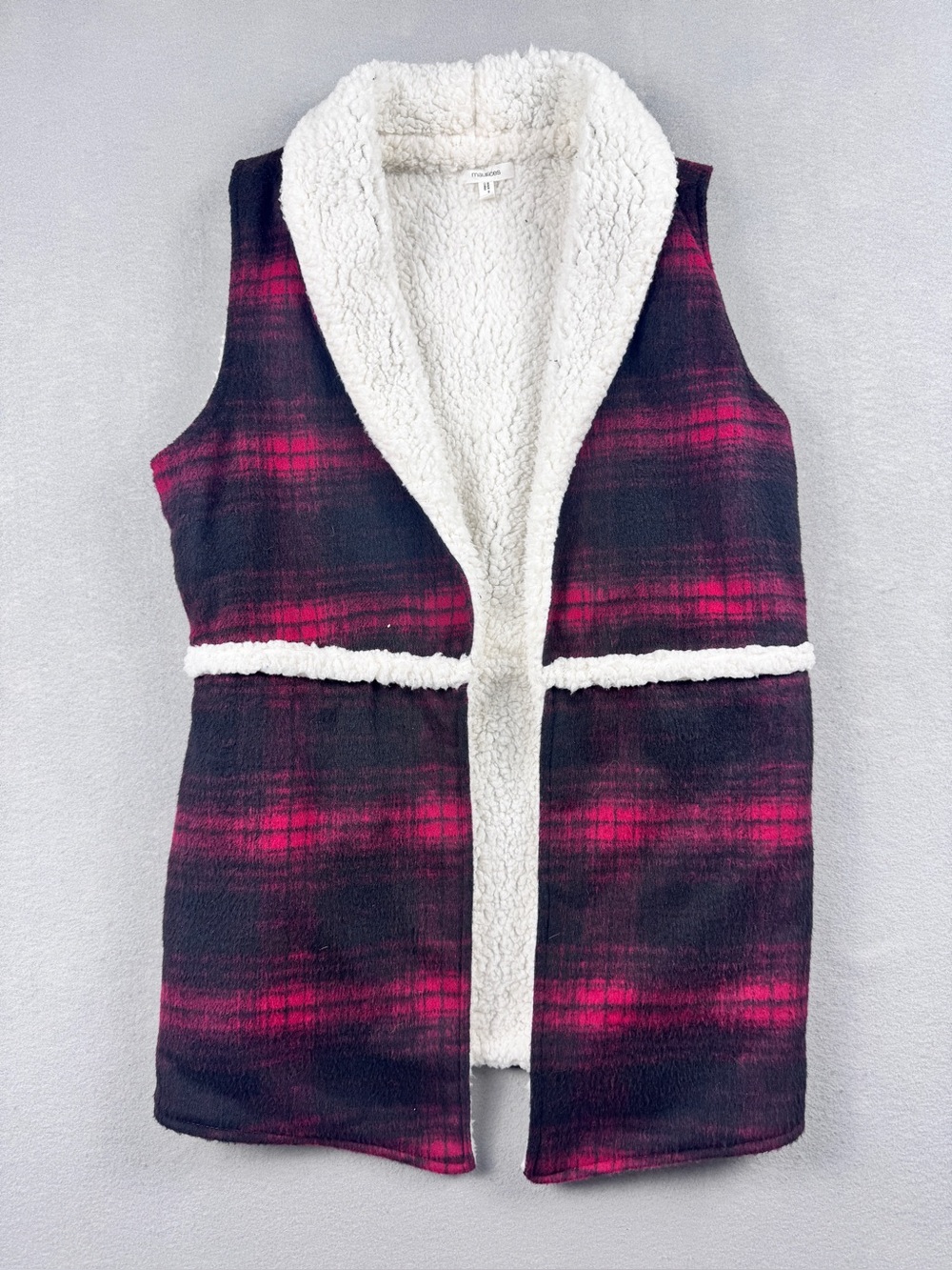 Maurices Womens Plaid Sherpa Vest Red Black Faux Shearling Cabincore Longline XL